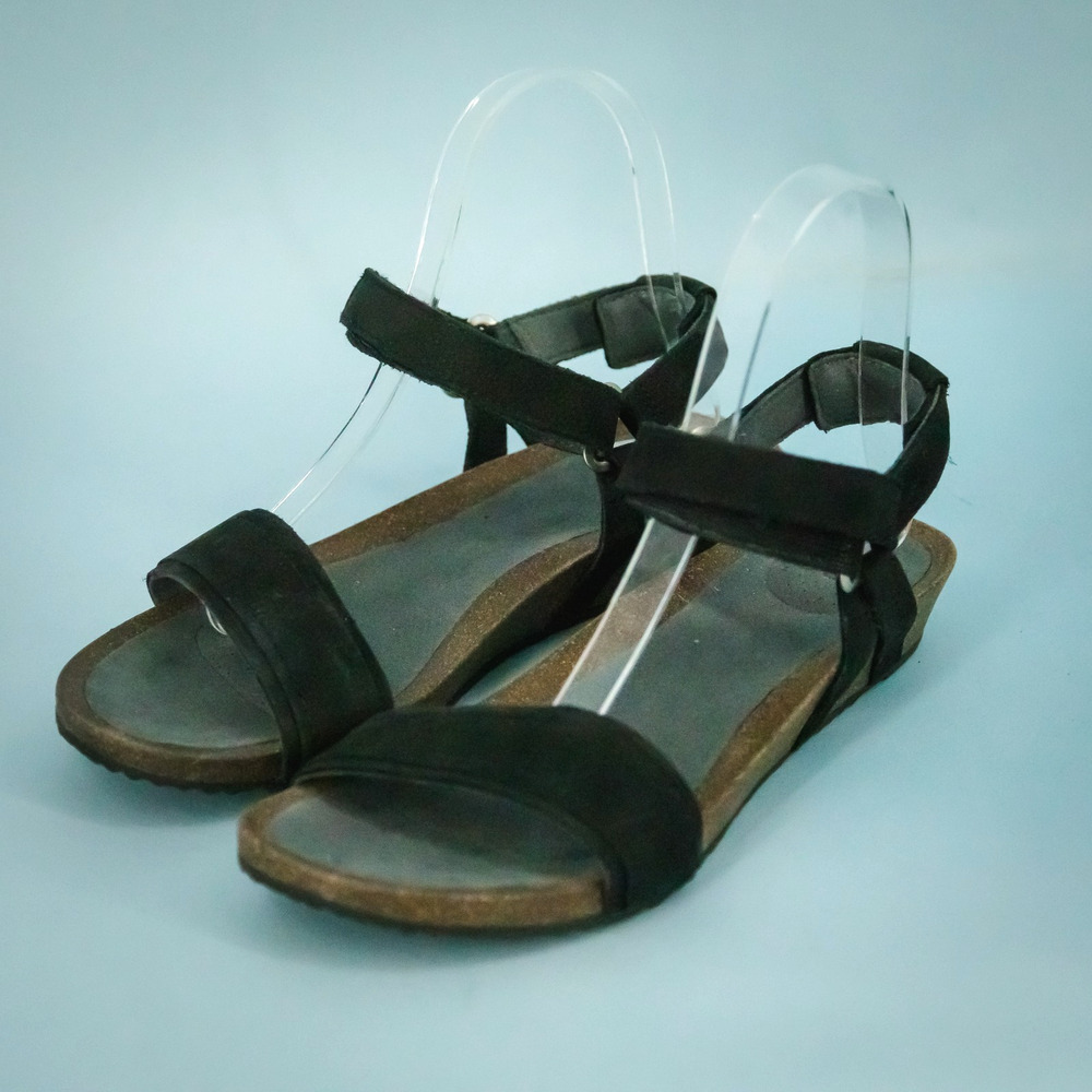 Teva Size 9 Mahonia Stitch Black Suede Leather Ankle Strap Cork Sole Sandals
